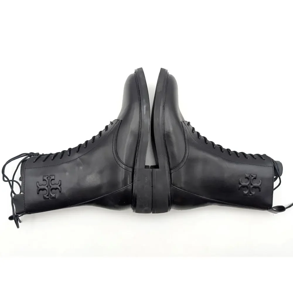 Tory Burch Double-T Lace-Up Combat Boots Women's Black Size US7M EU37.5